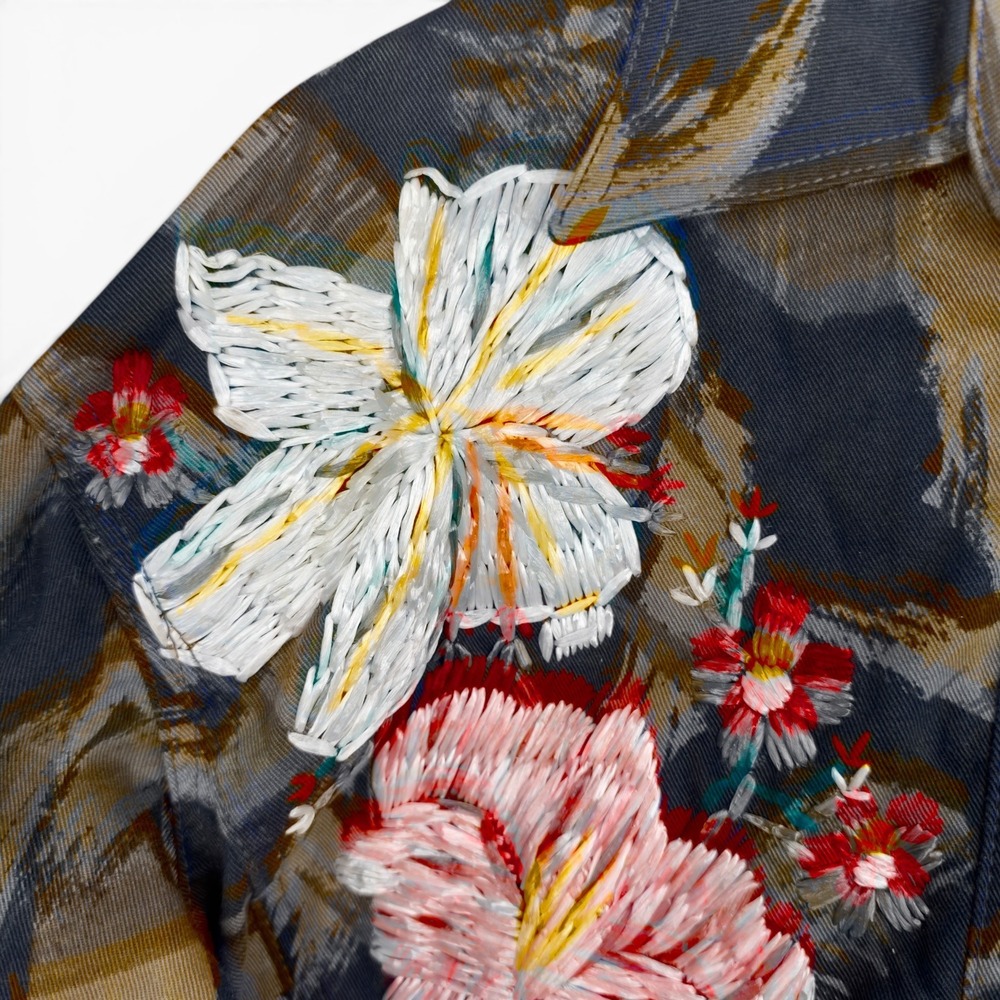 Gene Ewing Bis Bomber Jacket Camo Floral Embroidered VTG 1991 Funky Boho Fit M/L - Picture 2 of 9